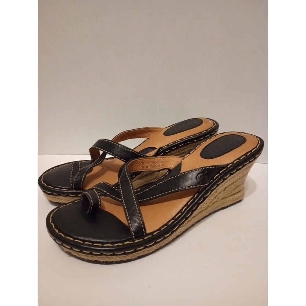 BORN Black Loop Toe Slip On Sandal Womens Sz 8 Espadrille Wedge Slides W3583